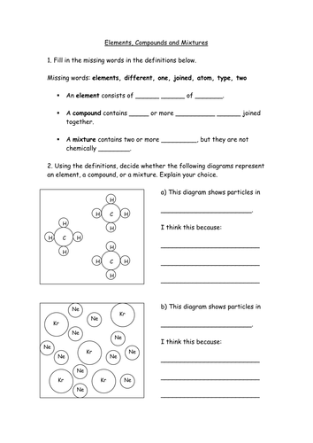 Elements Compounds Mixtures Worksheet Teaching Resources