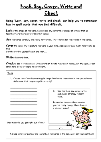 Spelling tasks: look, say, cover, write and check