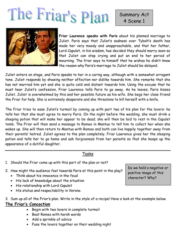 Romeo &amp; Juliet: The Friar&rsquo;s Plan Worksheet Task | Teaching Resources