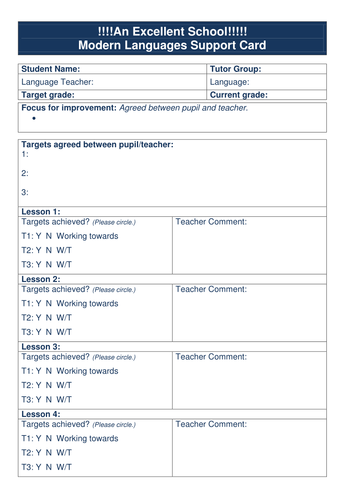 Pupil Support Card aka 'On Report'