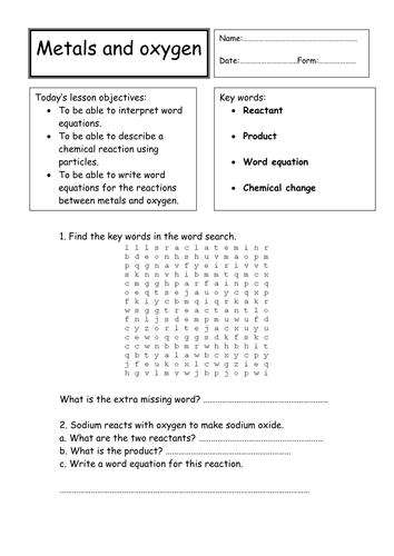 metals and oxygen worksheet teaching resources