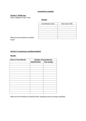 Invertebrate sampling activity sheet