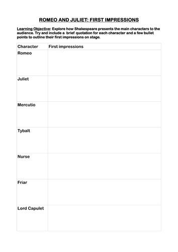 Romeo & Juliet: Character Analysis Worksheet