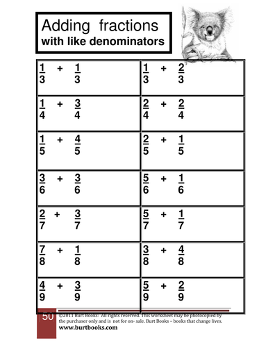 Adding fractions with like denominators worksheet