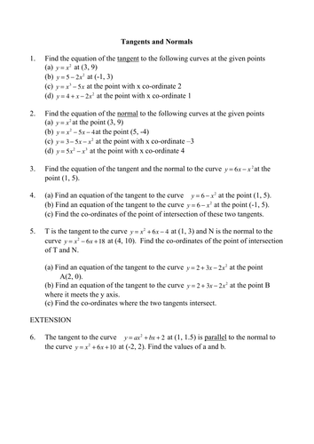 Maths Worksheets: Tangents and Normals.