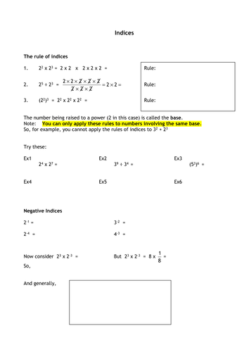 Maths Worksheets: Indices.