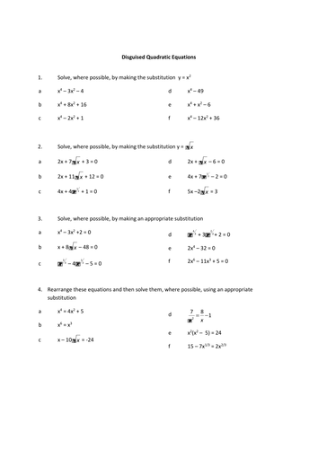 gcse maths worksheet disguised quadratics teaching