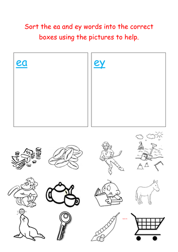 jolly phonics sorting ea and ey words teaching resources