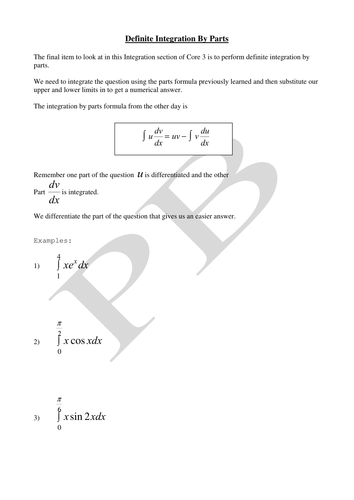 Definite Integration By Parts | Teaching Resources