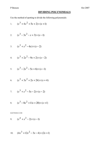 polynomials worksheet dividing division tes resources teaching polynomial worksheets divide monomial questions binomial trinomial homeschooldressage quiz