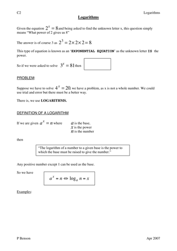 Basic Logarithms Worksheet | Teaching Resources