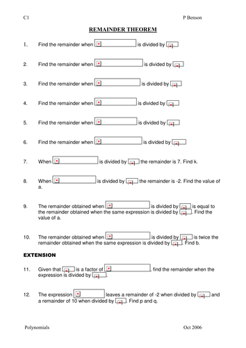 Worksheet on the Remainder Theorem