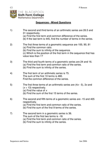 A level Maths: Mixed questions.Sequences worksheet