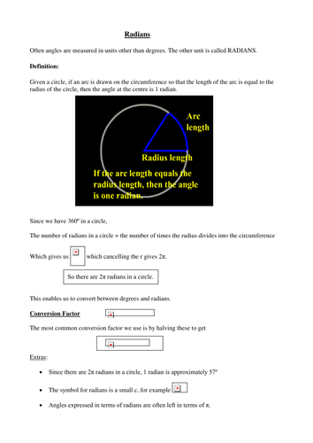 A level Maths worksheet: Radians.
