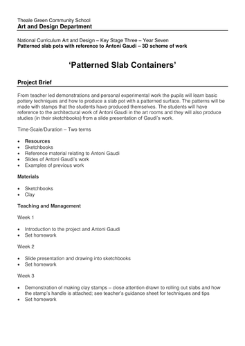 Gaudi Slab Pots Scheme of Work
