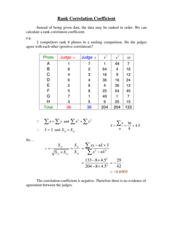 Statistics: Rank Correlation Coefficient worksheet