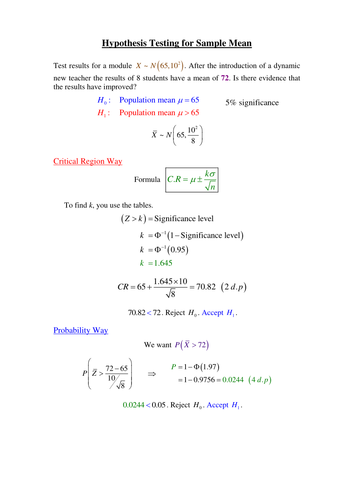 Statistics Hypothesis Testing Worksheet Teaching Resources