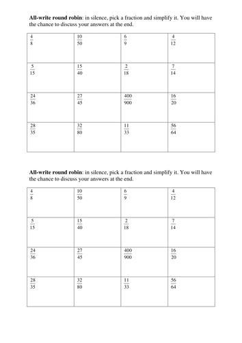 Simplifying fractions all write round robin