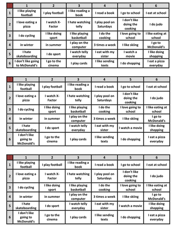 Dice game 'like + infinitive and present' | Teaching Resources