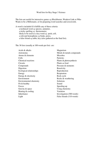 Word lists for use at KS3 Science (Word format)