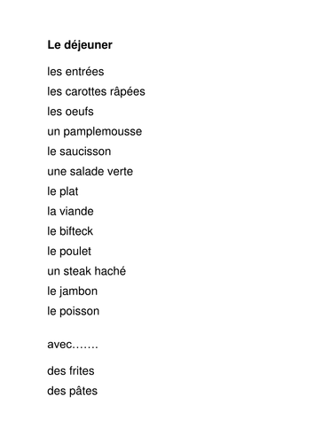 Metro 2 vert  -  Le déjeuner key vocabulary