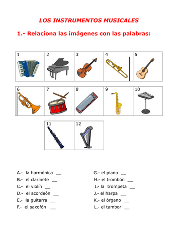 Instrumentos musicales - sopa de letras y anagrama