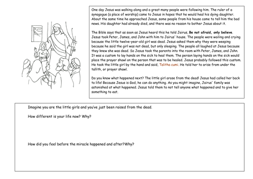 Raising of Jairus' daughter worksheet | Teaching Resources
