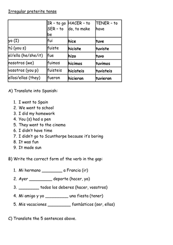 Irregular preterite tense worksheet | Teaching Resources