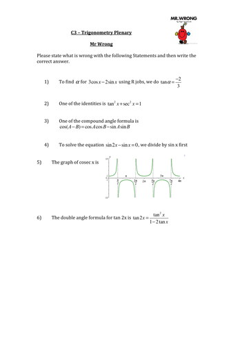 Spot the Error Trigonometry Sheet