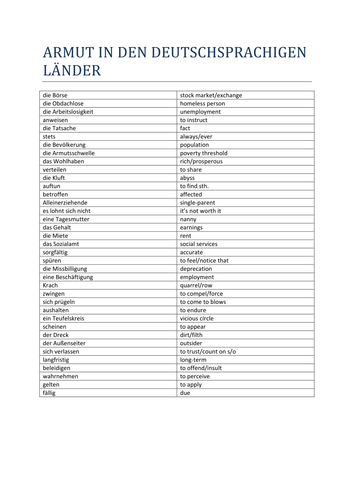 Armut und Reichtum Vocabulary