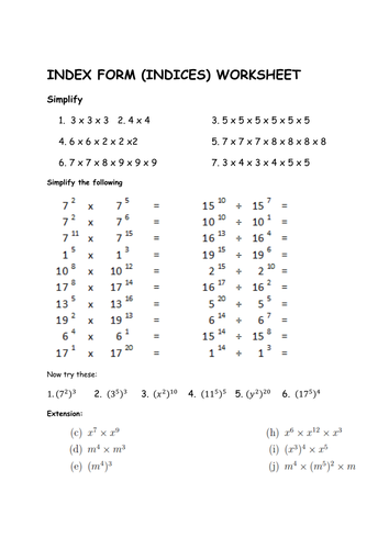 properties 8 of exponents of (Foundation) Indices Laws GCSE Worksheet Maths: by