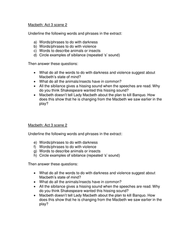 Macbeth Act 3 Scene 2 Questions Worksheet Teaching Resources