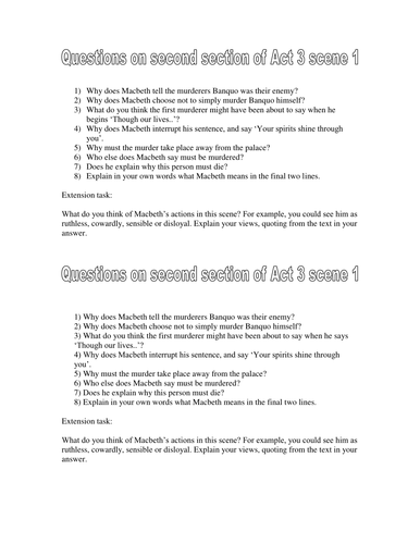 Macbeth Act 3 Scene 1 Questions Worksheet Teaching Resources