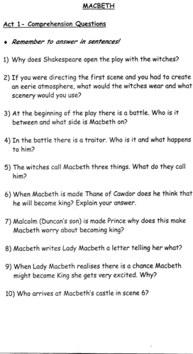 printable 5 act maz1 Act Questions Comprehension One by Macbeth: