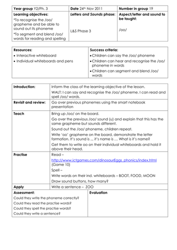 Phase 3 Phonics Lesson Plan - /oo/ (long sound)