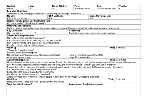 Y2 Dance Fireworks lesson plan (mirroring)