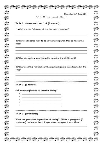 Of Mice and Men Section 2 task worksheet Teaching Resources