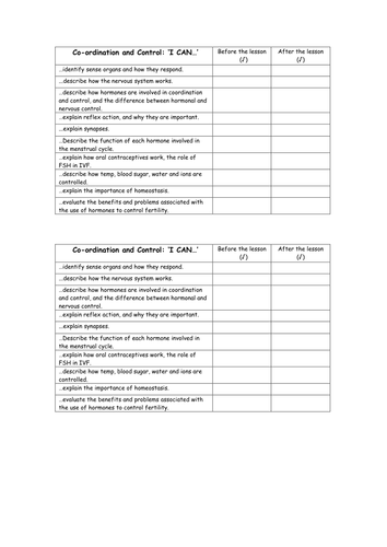 coordination and control I can sheet