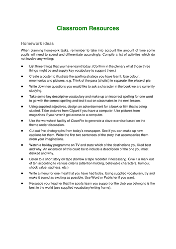 Literacy based homework ideas