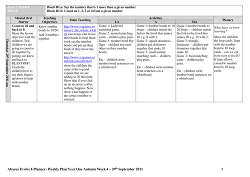 Autumn Term Abacus Based Maths Plans Year 1