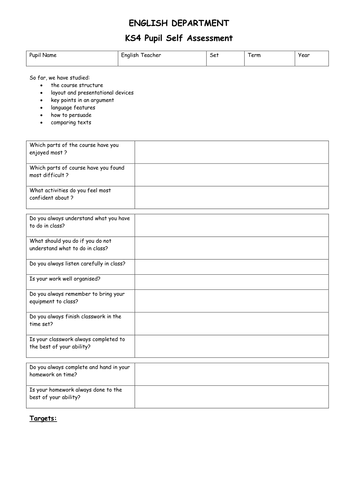 Self-assessment sheet of learning.