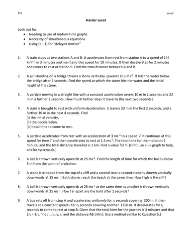 A level Maths: Mechanics: harder SUVAT worksheet