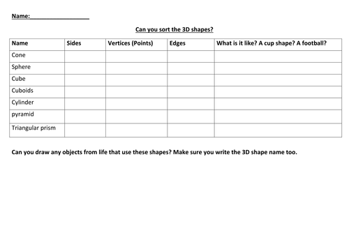 3D shapes sorting and naming