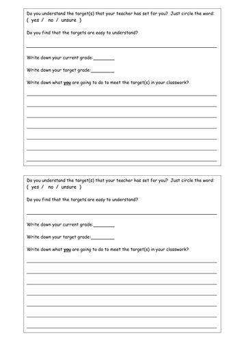 Target setting sheet for students