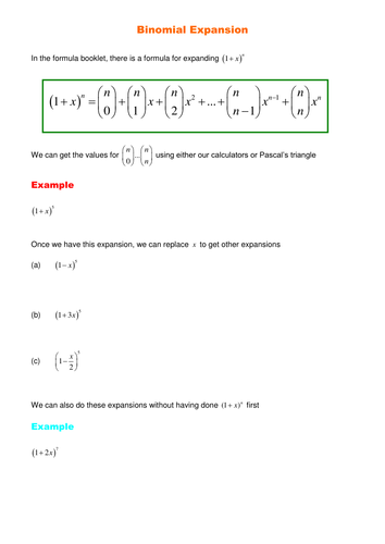 A Level Maths C2: Binomial Expansion worksheets