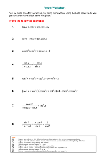 A Level Maths Reciprocal Trig Functions Worksheet Teaching Resources