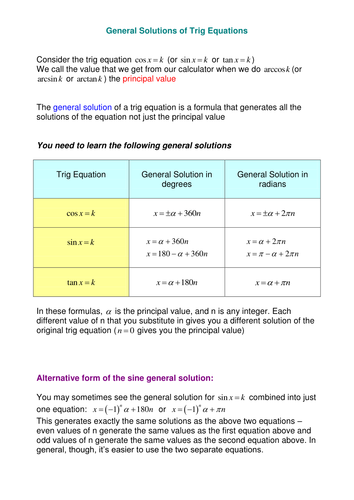 General Solutions of Trig Equations