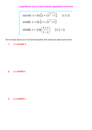Further Maths:Inverse hyperb. functions worksheet