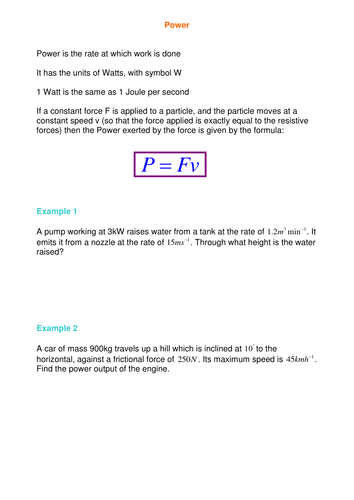 Further Mechanics: Work, energy, power worksheet