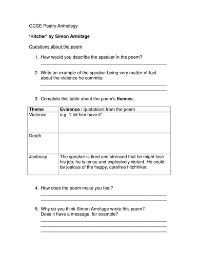 Hitcher by Simon Armitage worksheet